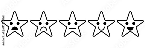 Customer feedback. Rating emoji set with stars. five star rating emoji icon set in black and colour. emoji feedback scale with star. rating emoji, icon, vector, rating, feedback, vector.