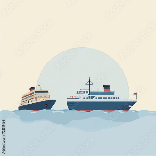 Cartoon cruise ships sailing on the ocean at sunset