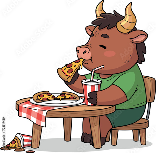 Cute cartoon bull eating pizza and drinking soda at a table