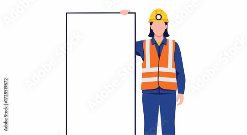 Female construction worker in safety vest and hard hat holds a blank vertical sign, ready for your custom text, important message, or project information display