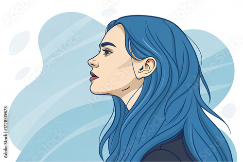 Futuristic Celestial Stylized Portrait of a Woman with Radiant Blue Hair Banner Background