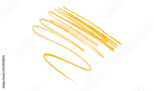 Hand drawn yellow pencil lines, circles, stripes and squiggly lines on a transparent background.