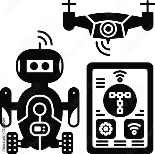 Robotics Control with Drone, Robot, and Tablet Interface Glyph Vector. This illustrates remote monitoring, multi-robot system management, and connectivity in logistics or security applications.