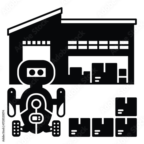 Autonomous Logistics Robot for Picking, Packing, and Inventory Management Glyph Vector. Represents automated logistics, inventory management, and the use of smart robots for goods handling and order.