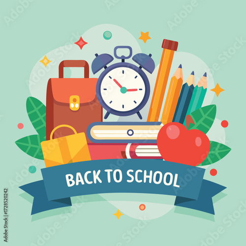 Creative School Banner Design Featuring Pencil, Bag, Books, and Alarm Elements