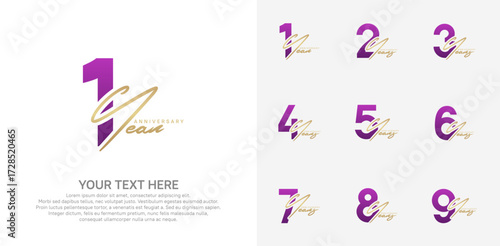 Anniversary logo set vector design, purple and gold color for celebration event