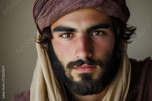 Portrait of a young afghan man with a beard wearing a traditional turban