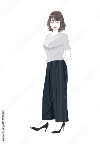 横眼でちらっと見る若い女性立ち姿イラスト
