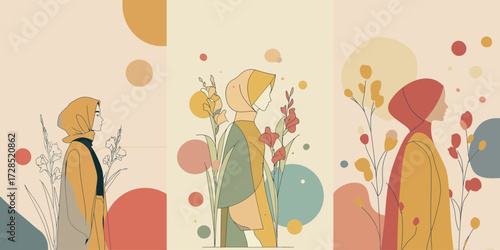 Three women in colorful attire stand gracefully amid flowers and abstract shapes, creating a serene spring scene. Each woman reflects distinct character and style.