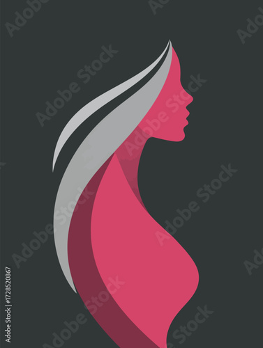 A modern and artistic representation of a womans profile, featuring flowing hair in shades of gray and pink against a dark backdrop. The silhouette captures elegance and beauty.
