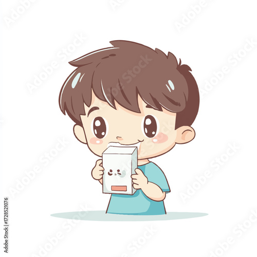 Cute cartoon boy drinking from a carton with a happy face