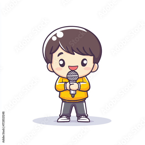 Cute Cartoon Boy Singing into Microphone