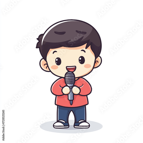 Cute Cartoon Boy Singing into Microphone