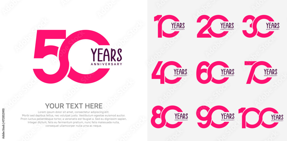 Fototapeta premium Anniversary logo set vector design, pink color for celebration event