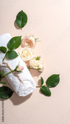 Soft white towel and delicate roses on a pastel background