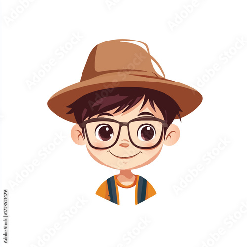 Cute Cartoon Boy with Glasses and Hat Smiling