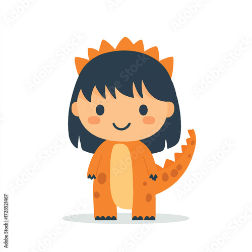 Cute cartoon child dressed as a dinosaur character.
