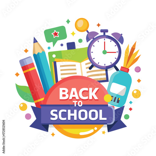 Creative School Banner Design Featuring Pencil, Bag, Books, and Alarm Elements