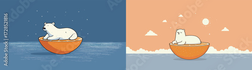 A polar bear relaxes on a large orange slice floating in calm water. The background features soft pastel colors, creating a peaceful scene of nature.