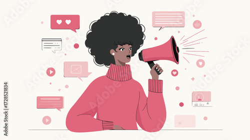 A woman with a curly hairstyle uses a megaphone to share information. Various social media icons and speech bubbles surround her, highlighting communication.