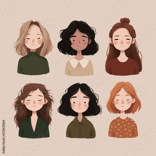 Six illustrated women with unique hairstyles and outfits display a range of expressions and styles. They represent different looks and aesthetics in soft pastel colors.