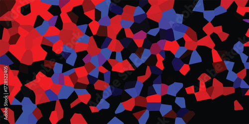 Abstract mosaic design featuring red and blue geometric shapes on a black background creating a dynamic and modern composition for visual appeal