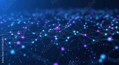 Abstract network background with glowing nodes and connecting lines, creating a futuristic and technological feel in a dark blue color scheme