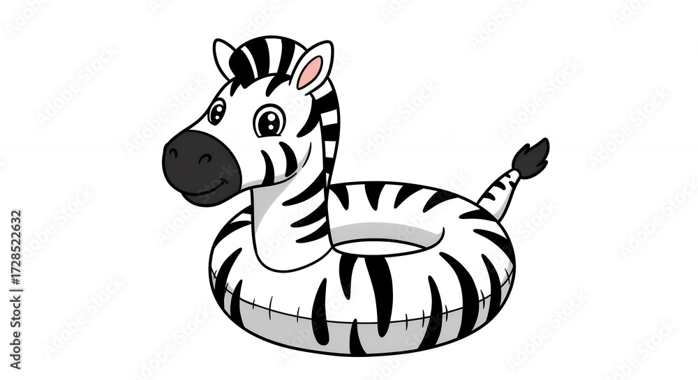 Fototapeta premium Cartoon zebra floating inflatable ring isolated white background summer vacation concept
