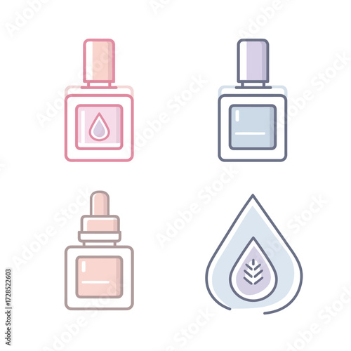 Four stylish bottles are arranged in a neat layout, showcasing different colors and shapes, ideal for beauty enthusiasts and product displays.