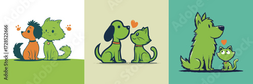 Three adorable cartoon animals illustrate the theme of friendship and love. A dog and cat, along with two dogs and a cat, share joyful moments in vibrant colors.