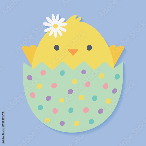 Cute Yellow Chick in Colorful Egg Shell Easter Illustration