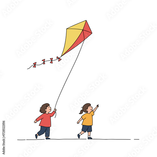 Two children flying a colorful kite in a clear blue sky  