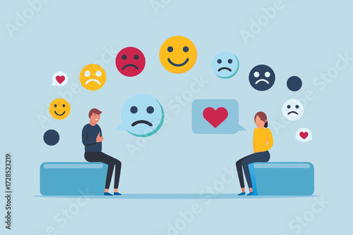 Diverse emotions and feedback are communicated between two people sitting on benches with floating emoticons