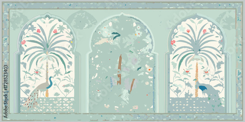 Serene mughal arched window overlooking a garden with peacocks and palm trees in pastel tones