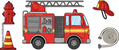 Colorful Cartoon Firefighter Equipment Set with Fire Truck, Hydrant, Helmet, and Hose.