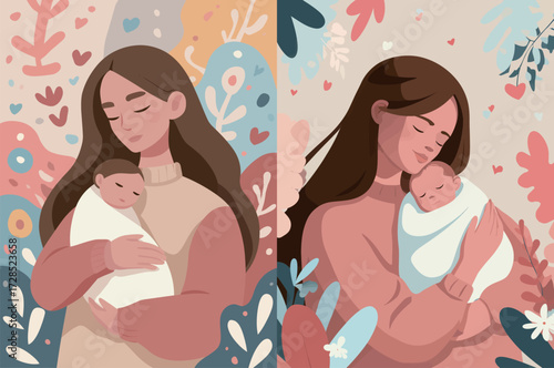 A serene scene shows a mother gently cradling her baby against a backdrop of vibrant flowers and leaves. The warm colors evoke feelings of love and comfort.