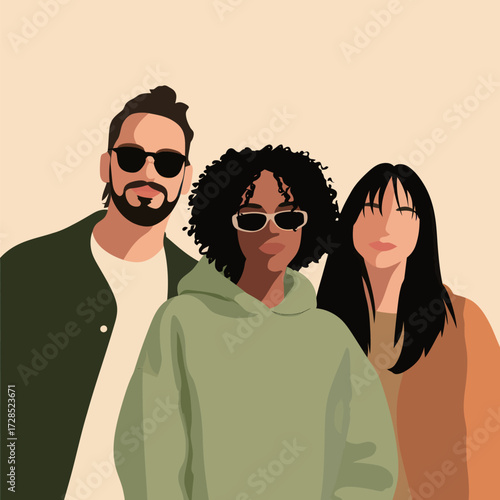 Three friends stand closely together, all wearing stylish sunglasses. They showcase unique hairstyles and casual clothing.