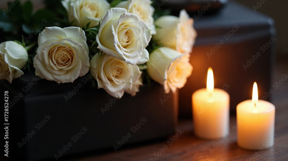 Obraz premium Elegant White Roses Arrangement with Soft Candlelight on a Wooden Surface for Romantic Ambiance and Special Occasions