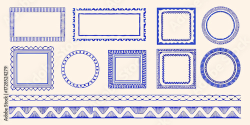 Collection of hand drawn blue decorative borders and frames in various shapes and styles