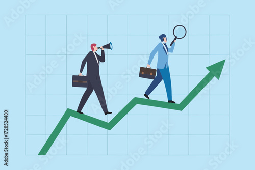 Two businessmen with briefcases climbing an upward trending green arrow graph representing business growth and success