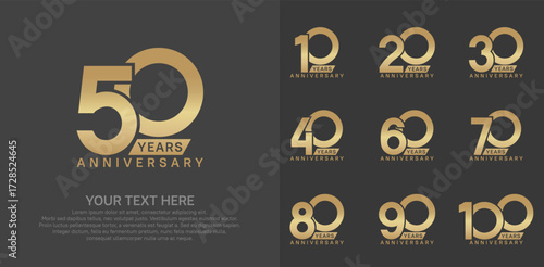 Anniversary logo set vector design, golden color for celebration event