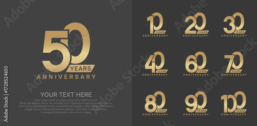 Anniversary logo set vector design, golden color for celebration event