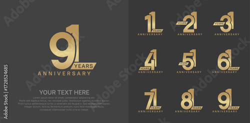Anniversary logo set vector design, golden color for celebration event