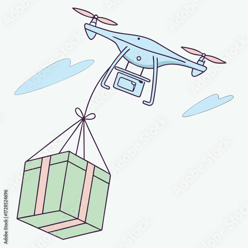 Drone delivery service carrying a package in the sky
