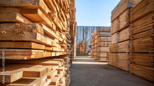 Wooden planks neatly arranged in a sunny lumber yard, showcasing the beauty of natural wood grain and craftsmanship
