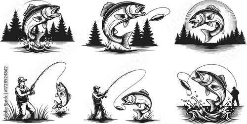 Detailed Black and White Fish Jumping with Fishing Lure and Rod