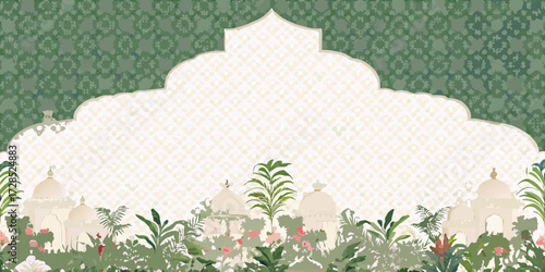 Exotic mughal garden oasis with architectural domes and lush greenery