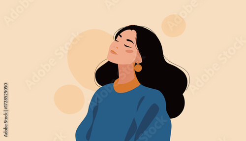 A woman with long, dark hair is wearing a blue sweater and orange earrings, exuding calmness in a soft, light-colored background. She appears to be lost in thought.