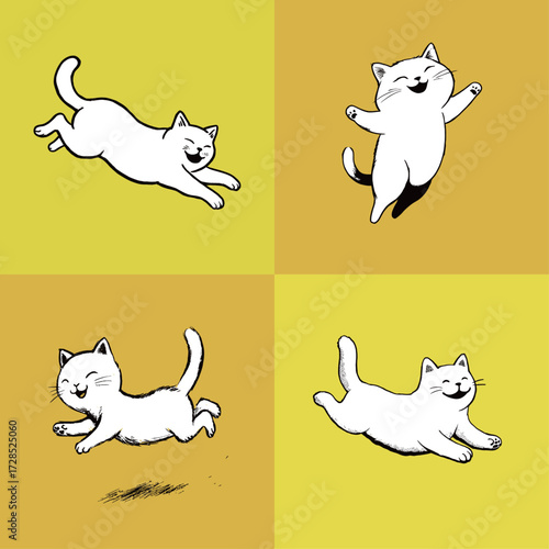 Four cute cats are shown in various playful poses against a vibrant yellow background. Their joyful expressions convey the fun of their lively activities.