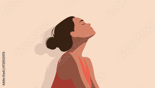 A serene woman sits with her eyes closed, lost in a peaceful moment. The minimalist design highlights her calm expression and elegant pose, evoking relaxation.